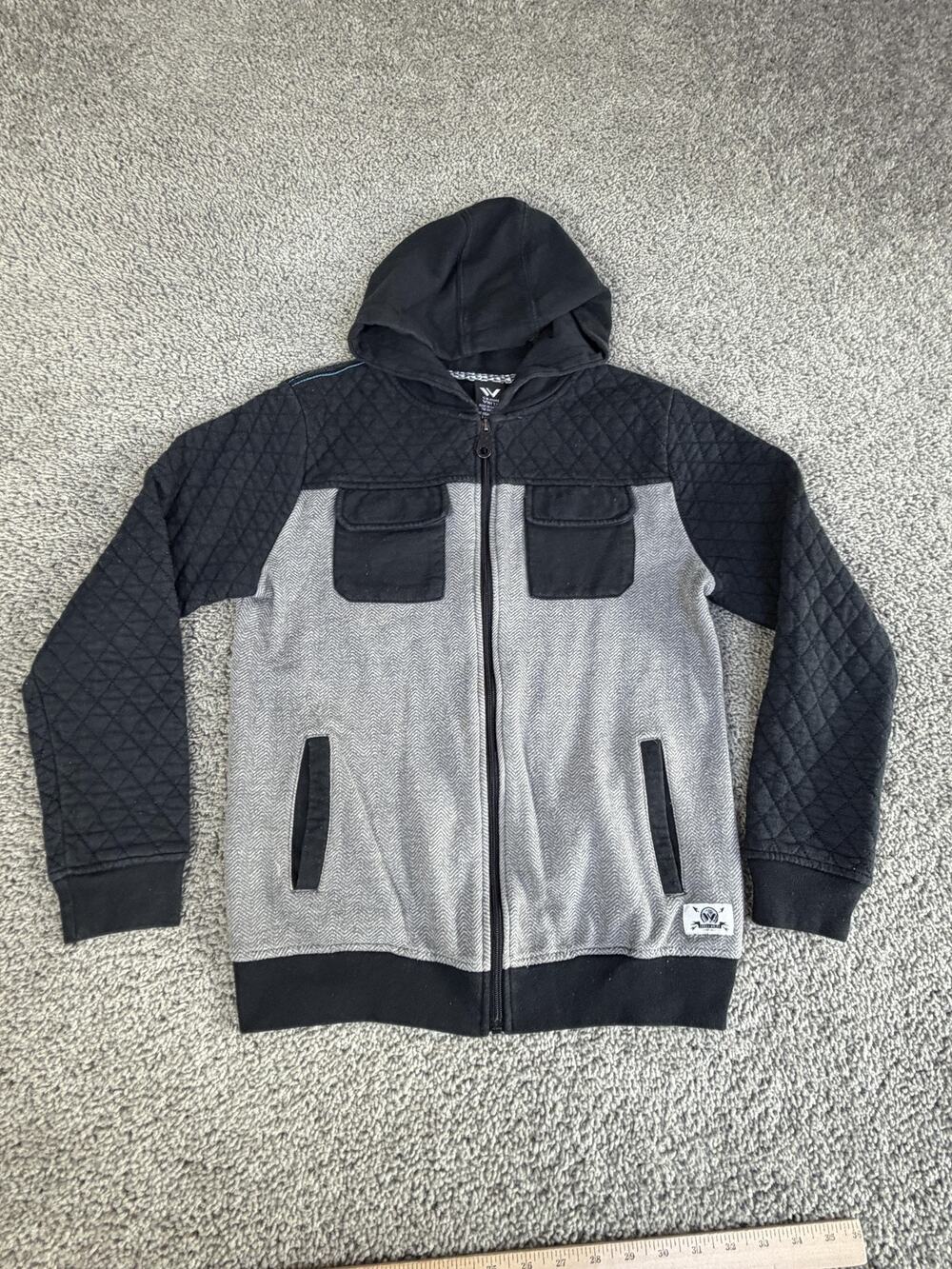 Shaun White Jacket Boys 12-14 Gray Black Hooded Full Zip Quilted Herringbone